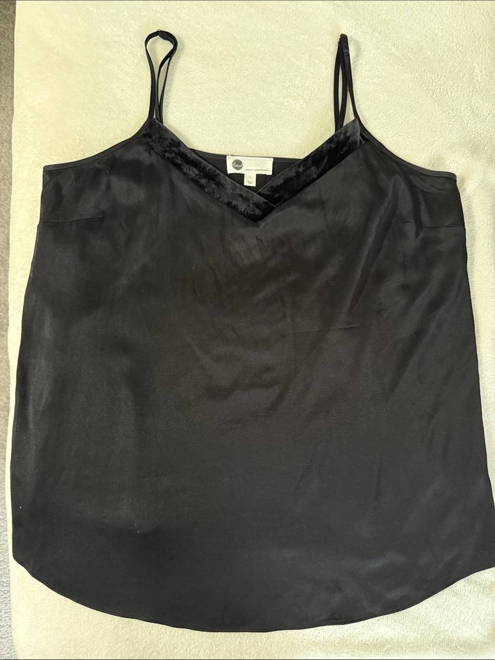 Floreat Black Satin V-Neck Top with Velvet Trim